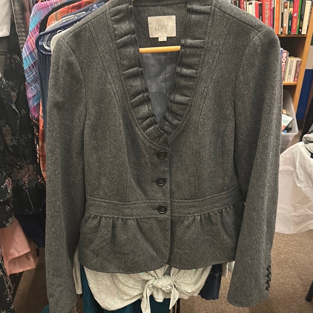 LOFT Gray Blazer with Ruffle Detail